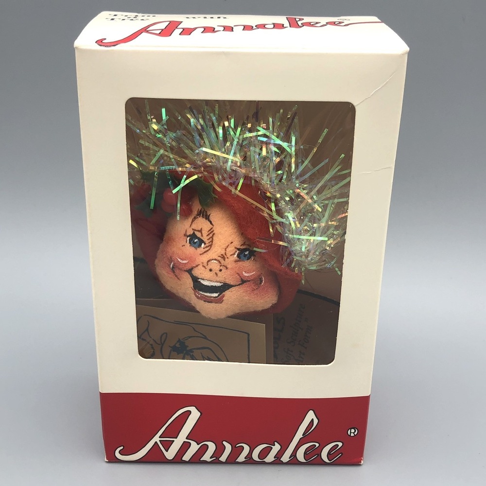 Vintage Annalee Red Tinsel Elf Head Ornament 7802 Mobillitee in Box with Tags